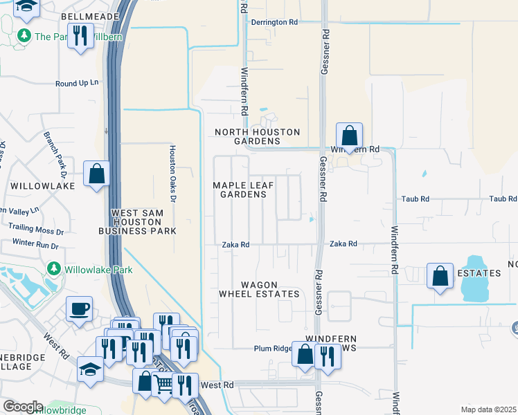map of restaurants, bars, coffee shops, grocery stores, and more near 9603 Silver Maple Street in Houston