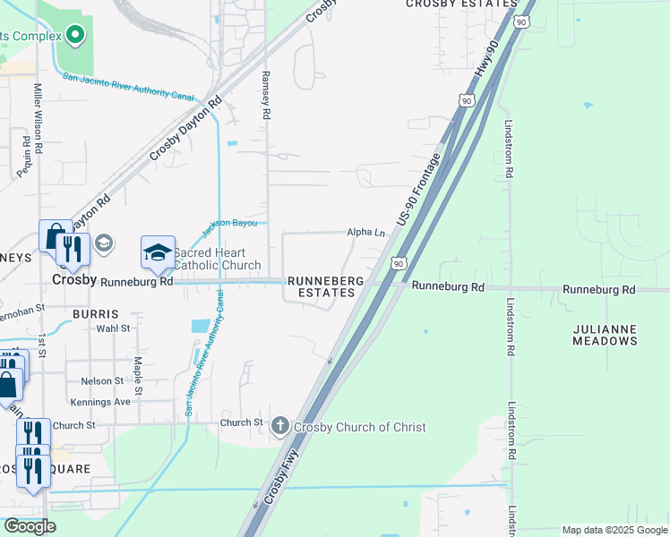 map of restaurants, bars, coffee shops, grocery stores, and more near 15823 Elton Drive in Crosby