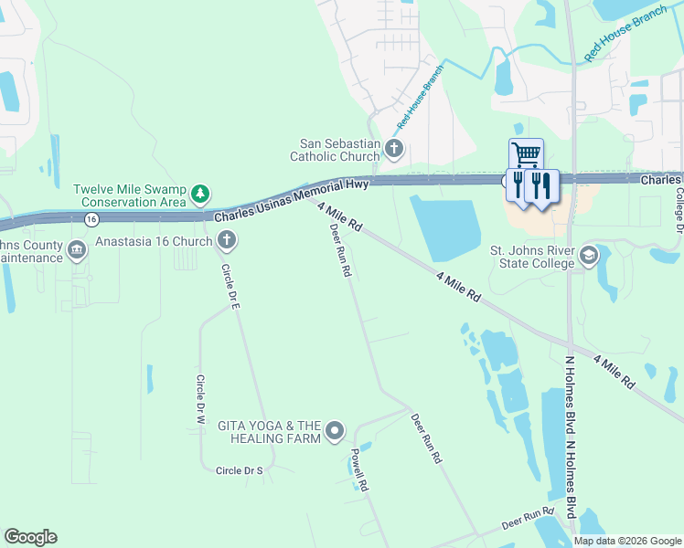 map of restaurants, bars, coffee shops, grocery stores, and more near 2475 Deer Run Road in St. Augustine