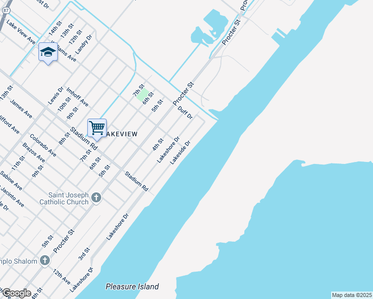 map of restaurants, bars, coffee shops, grocery stores, and more near 5215 Lakeside Drive in Port Arthur