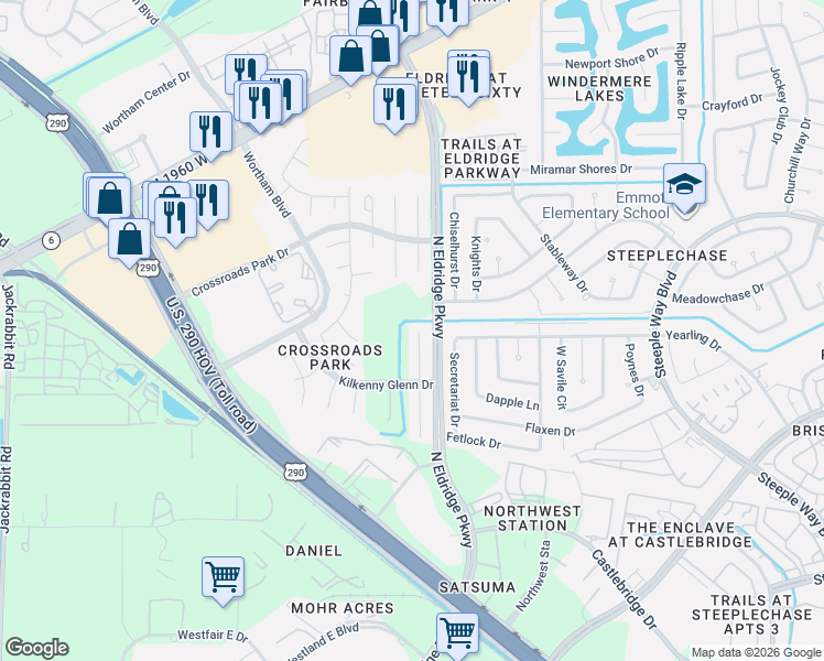 map of restaurants, bars, coffee shops, grocery stores, and more near 9538 Barretts Glen Court in Houston