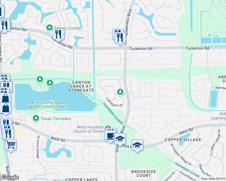 map of restaurants, bars, coffee shops, grocery stores, and more near 9434 Curry Landing Drive in Houston