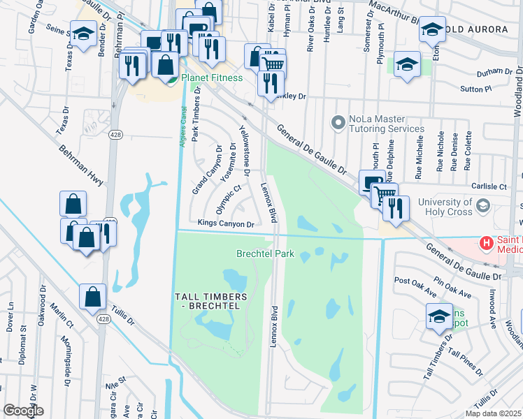 map of restaurants, bars, coffee shops, grocery stores, and more near 72 Yellowstone Drive in New Orleans