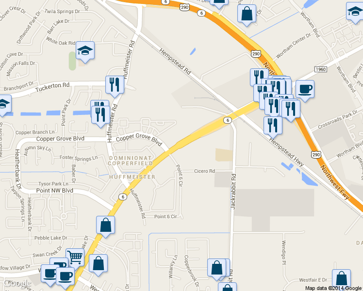 map of restaurants, bars, coffee shops, grocery stores, and more near 9240 Highway 6 in Houston