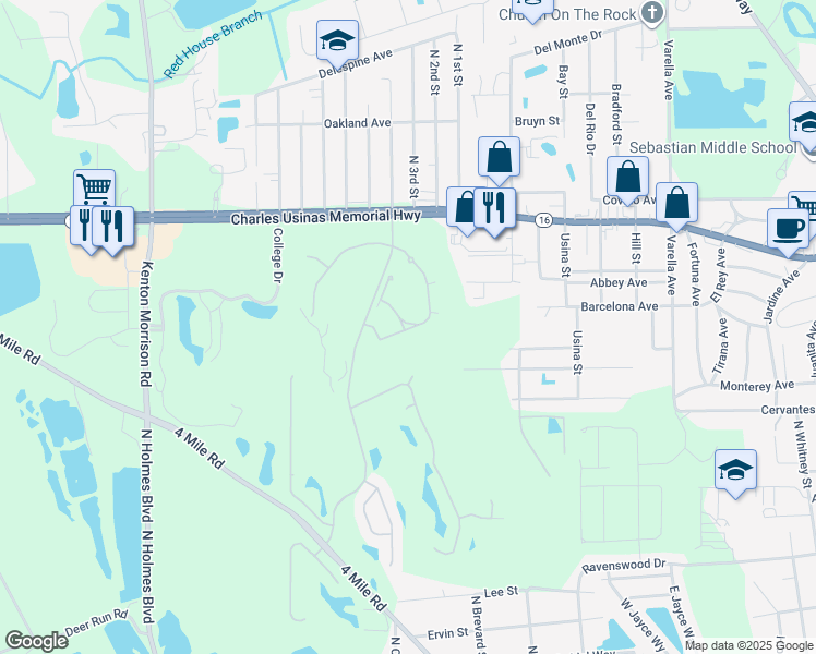 map of restaurants, bars, coffee shops, grocery stores, and more near 610 Fairway Drive in St. Augustine