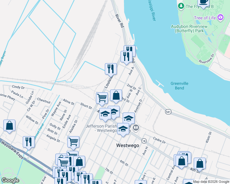 map of restaurants, bars, coffee shops, grocery stores, and more near 349 Sala Avenue in Westwego