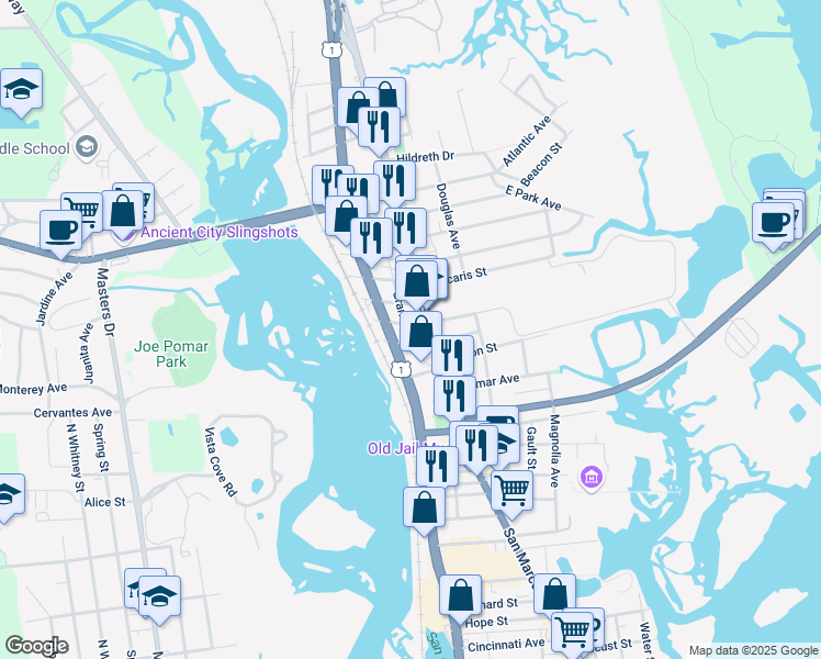 map of restaurants, bars, coffee shops, grocery stores, and more near 21 Grant Street in St. Augustine