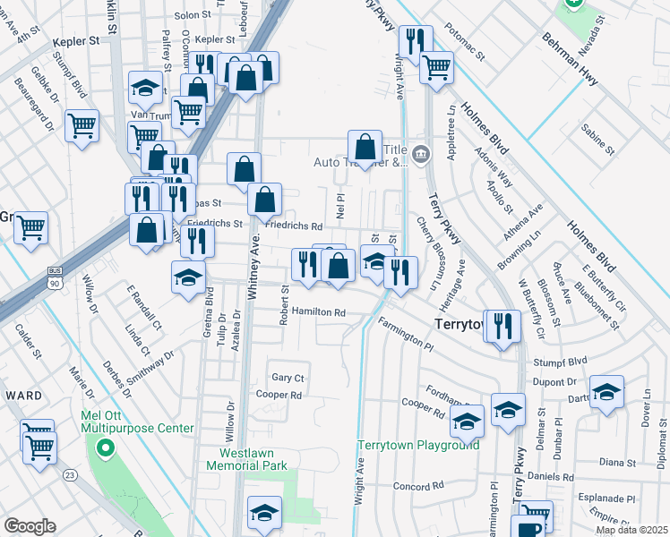 map of restaurants, bars, coffee shops, grocery stores, and more near 717 Hinyub Avenue in Terrytown