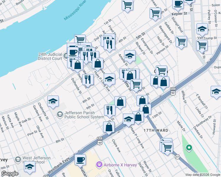 map of restaurants, bars, coffee shops, grocery stores, and more near 735 Huey P Long Avenue in Gretna