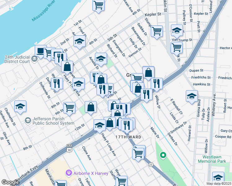 map of restaurants, bars, coffee shops, grocery stores, and more near 1018 Amelia Street in Gretna
