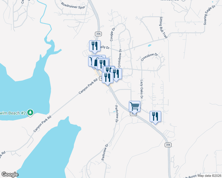 map of restaurants, bars, coffee shops, grocery stores, and more near 18035 Farm to Market Road 306 in Canyon Lake