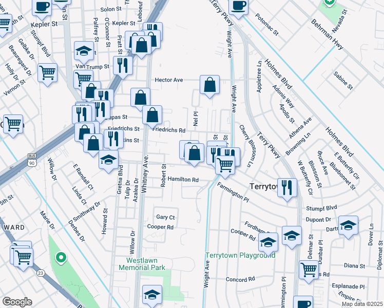 map of restaurants, bars, coffee shops, grocery stores, and more near 717 Hinyub Avenue in Terrytown