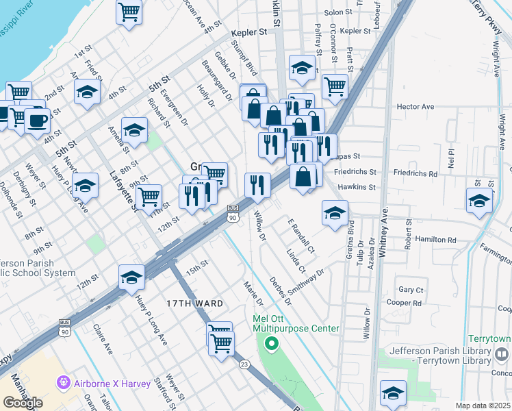 map of restaurants, bars, coffee shops, grocery stores, and more near 52 Westbank Expressway in Gretna