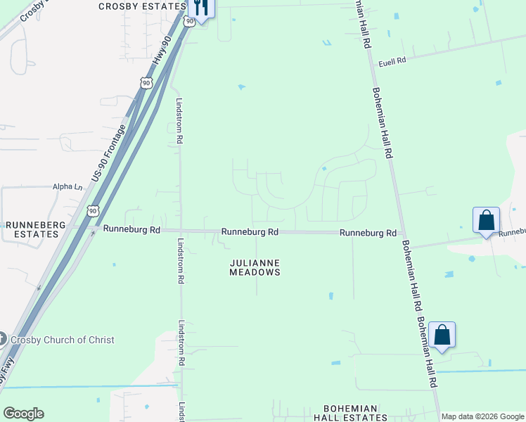 map of restaurants, bars, coffee shops, grocery stores, and more near 2171-2515 Runneburg Road in Crosby
