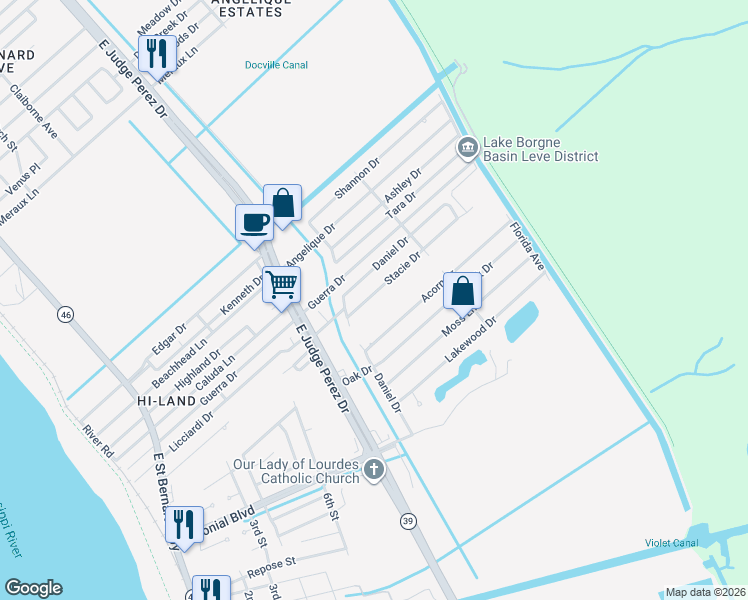 map of restaurants, bars, coffee shops, grocery stores, and more near 2902 Stacie Drive in Violet