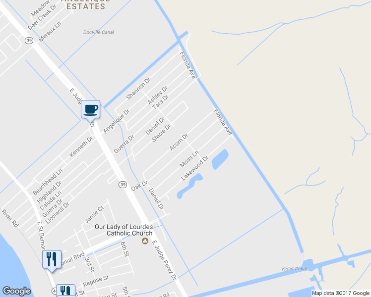 map of restaurants, bars, coffee shops, grocery stores, and more near 2912 Oak Drive in Violet