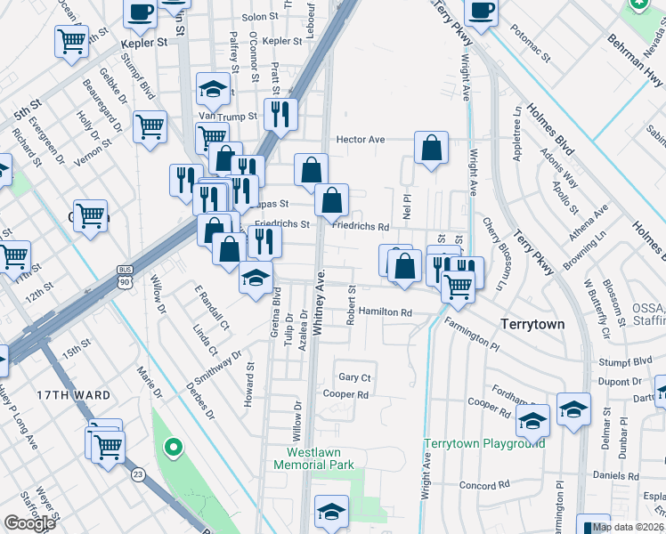 map of restaurants, bars, coffee shops, grocery stores, and more near 119 Kass Street in Terrytown