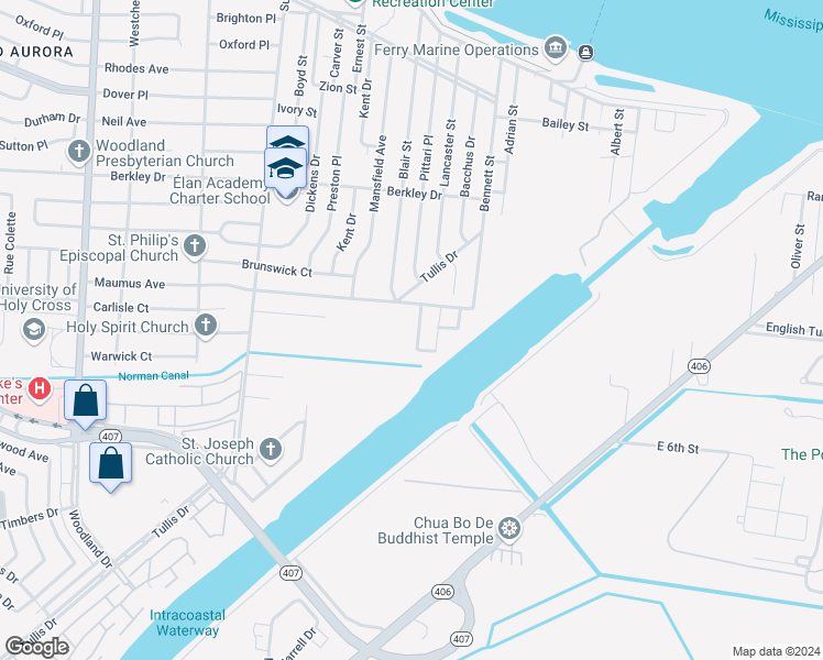 map of restaurants, bars, coffee shops, grocery stores, and more near 15313 Jennifer Street in New Orleans