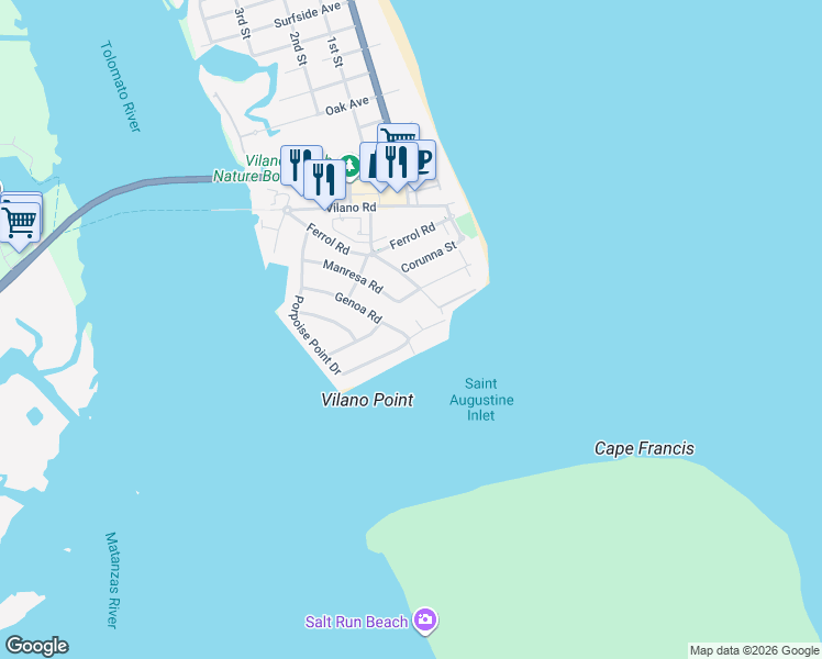 map of restaurants, bars, coffee shops, grocery stores, and more near 316 Genoa Road in St. Augustine