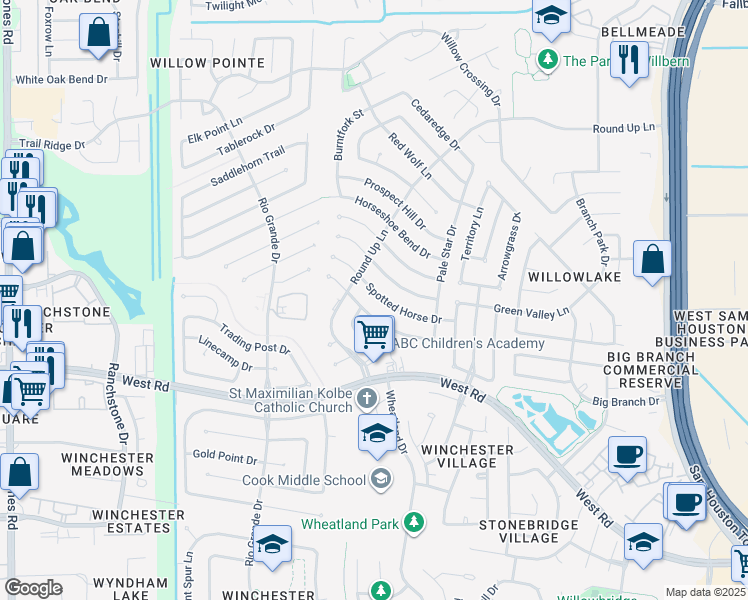map of restaurants, bars, coffee shops, grocery stores, and more near 10059 Spotted Horse Drive in Houston