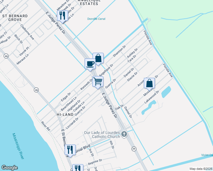 map of restaurants, bars, coffee shops, grocery stores, and more near 2529 Caluda Lane in Violet