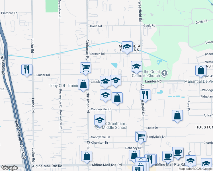 map of restaurants, bars, coffee shops, grocery stores, and more near 1616 Lauder Road in Houston