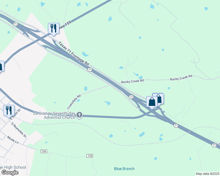 map of restaurants, bars, coffee shops, grocery stores, and more near 2434 Highway 71 in La Grange