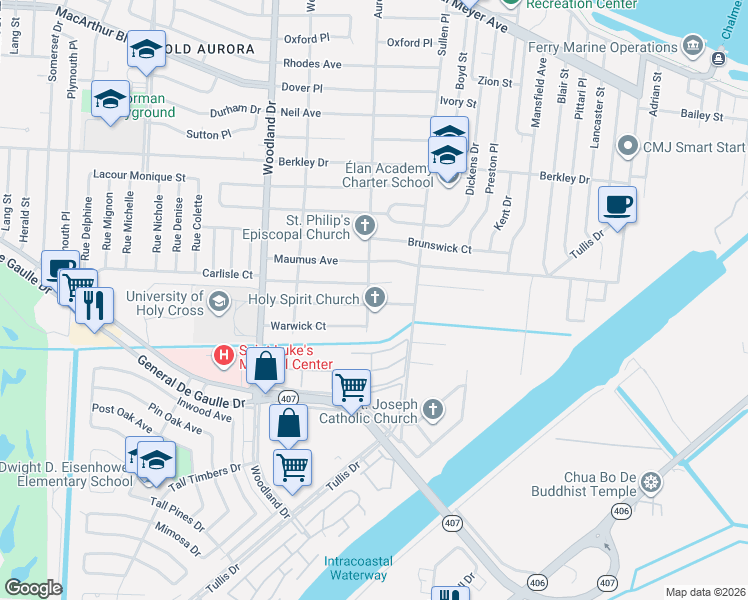 map of restaurants, bars, coffee shops, grocery stores, and more near 6215 Carlisle Court in New Orleans