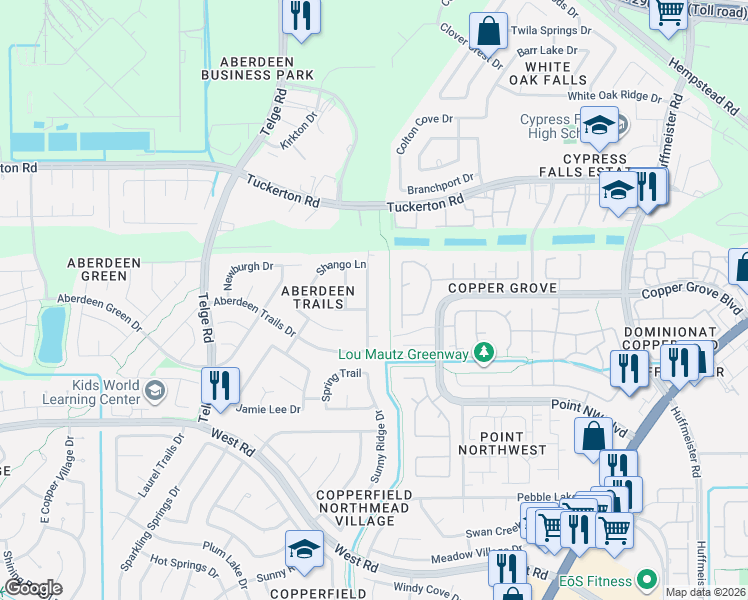 map of restaurants, bars, coffee shops, grocery stores, and more near 9407 Reston Grove Lane in Houston