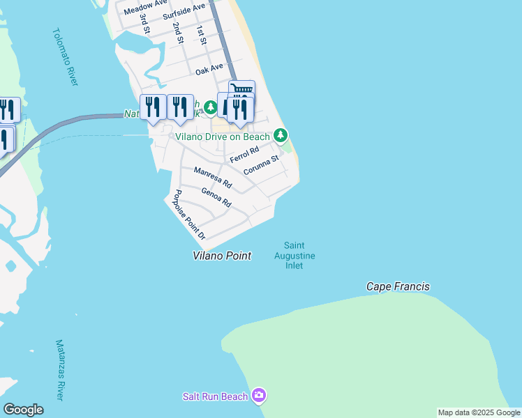 map of restaurants, bars, coffee shops, grocery stores, and more near 510 Porpoise Point Drive in Saint Augustine