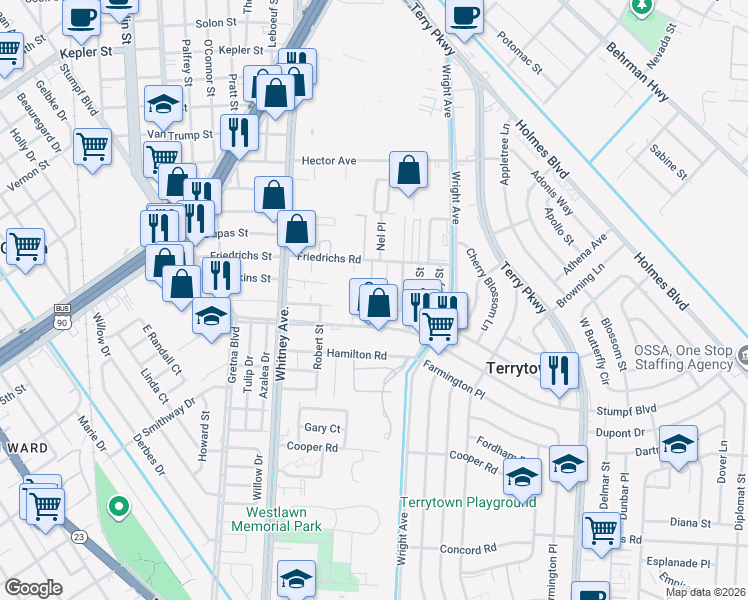map of restaurants, bars, coffee shops, grocery stores, and more near 717 Hinyub Avenue in Terrytown