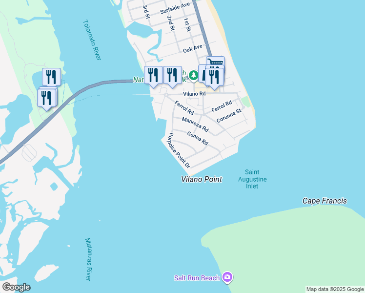 map of restaurants, bars, coffee shops, grocery stores, and more near 205 Sea Turtle Way in Saint Augustine