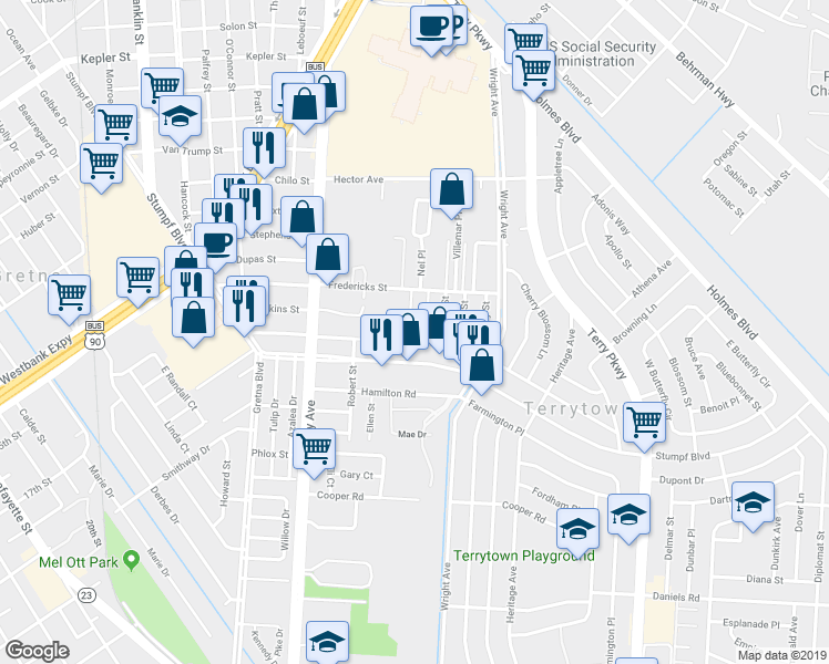 map of restaurants, bars, coffee shops, grocery stores, and more near 725 Hinyub Street in Terrytown