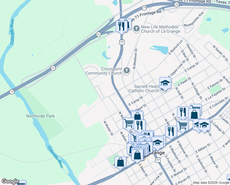 map of restaurants, bars, coffee shops, grocery stores, and more near 915 North Jefferson Street in La Grange