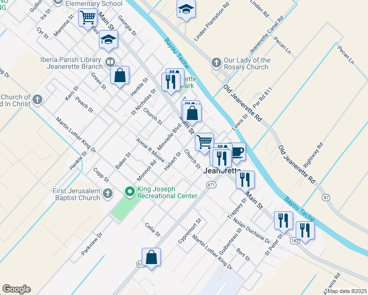 map of restaurants, bars, coffee shops, grocery stores, and more near 398 Hebert St in Jeanerette
