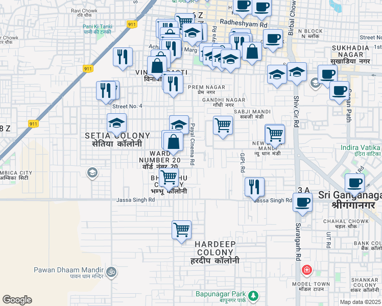 map of restaurants, bars, coffee shops, grocery stores, and more near 4 Payal Cinema Road in Sri Ganganagar