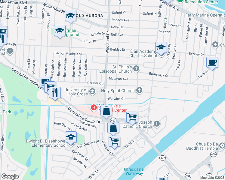 map of restaurants, bars, coffee shops, grocery stores, and more near 5915 Carlisle Court in New Orleans