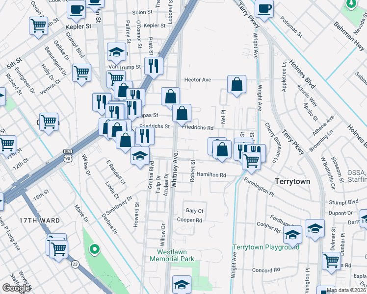 map of restaurants, bars, coffee shops, grocery stores, and more near 119 Kass Street in Terrytown