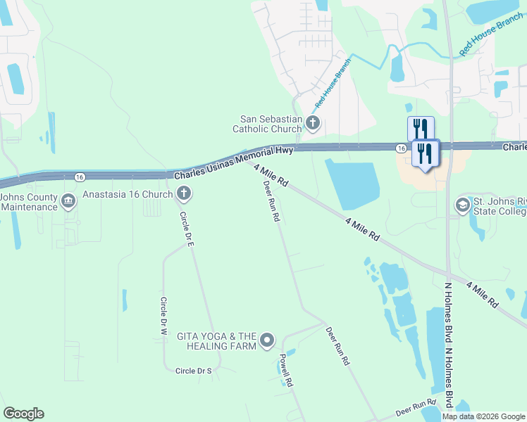 map of restaurants, bars, coffee shops, grocery stores, and more near 2475 Deer Run Road in St. Augustine