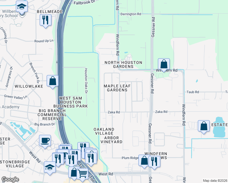 map of restaurants, bars, coffee shops, grocery stores, and more near 9602 Concord Lane in Houston
