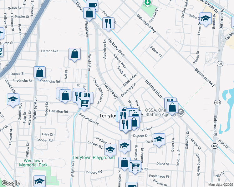 map of restaurants, bars, coffee shops, grocery stores, and more near 335 Terry Parkway in Terrytown