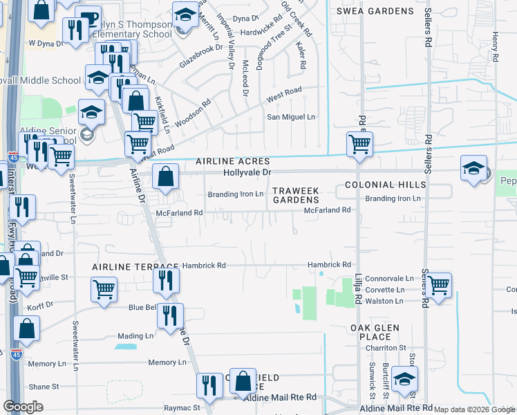 map of restaurants, bars, coffee shops, grocery stores, and more near 259 McFarland Road in Houston
