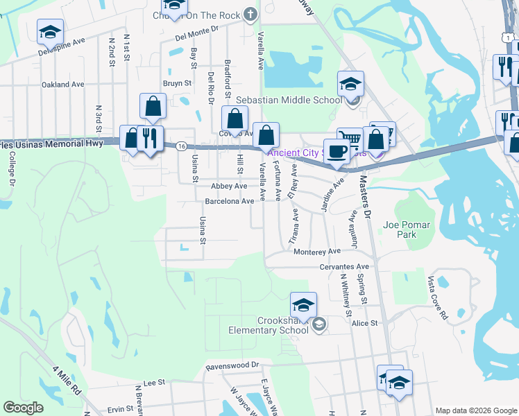 map of restaurants, bars, coffee shops, grocery stores, and more near 370 Varella Avenue in St. Augustine