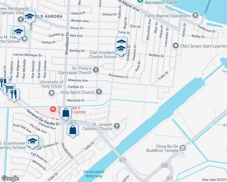 map of restaurants, bars, coffee shops, grocery stores, and more near 3946 Sullen Place in New Orleans