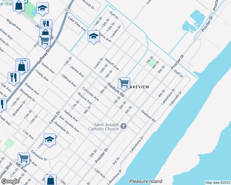 map of restaurants, bars, coffee shops, grocery stores, and more near 737 Stadium Rd in Port Arthur