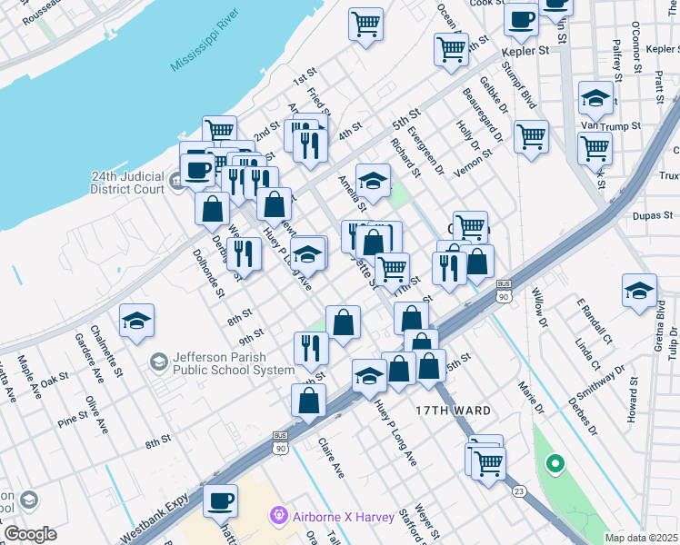 map of restaurants, bars, coffee shops, grocery stores, and more near 535 9th St in Gretna