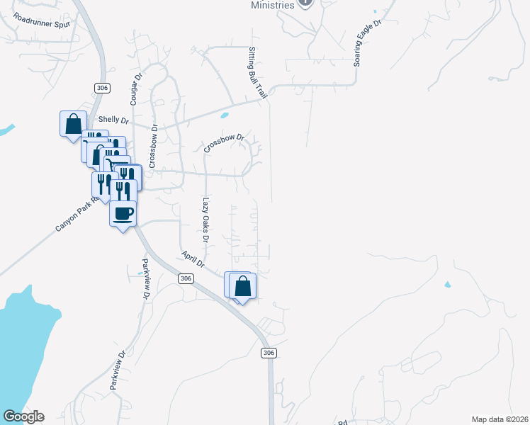 map of restaurants, bars, coffee shops, grocery stores, and more near 2367 Sunset Ridge in Canyon Lake