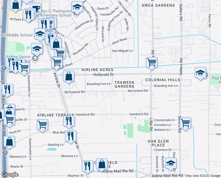 map of restaurants, bars, coffee shops, grocery stores, and more near 259 McFarland Road in Houston