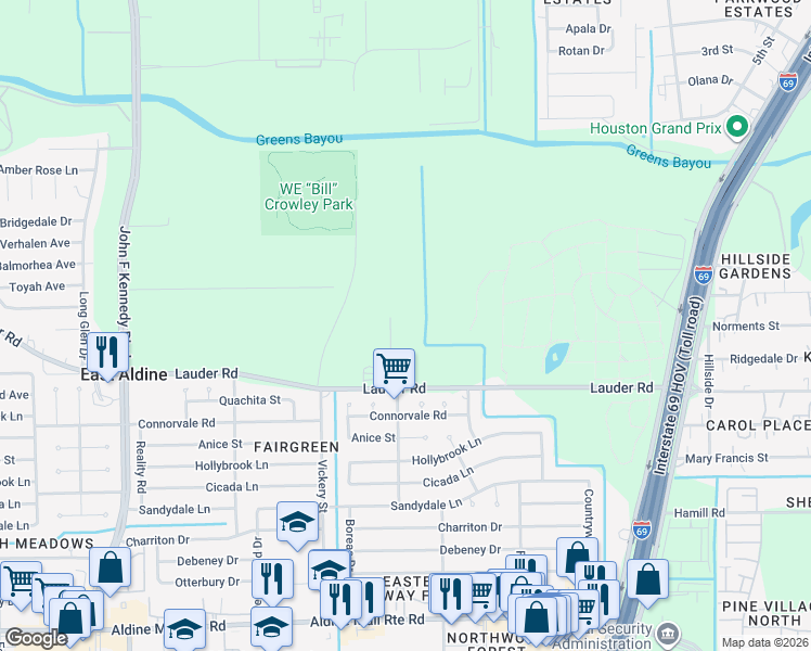 map of restaurants, bars, coffee shops, grocery stores, and more near 4729 Lauder Road in Houston