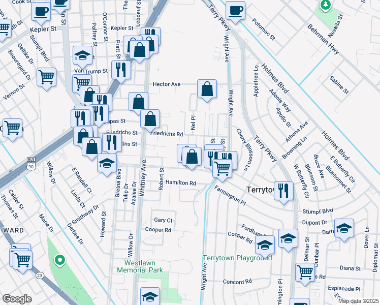 map of restaurants, bars, coffee shops, grocery stores, and more near 717 Hinyub Avenue in Terrytown